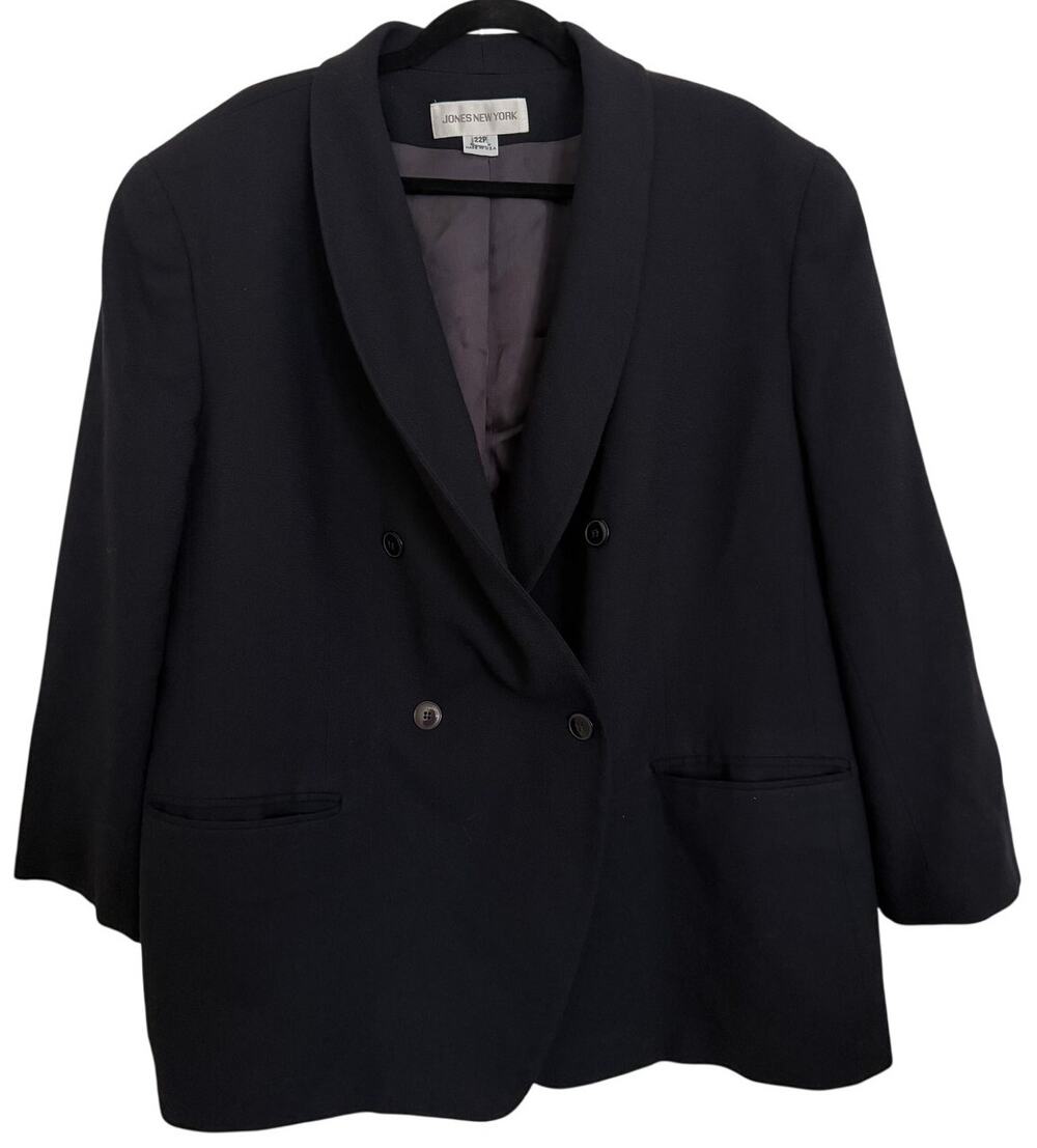 Jones New York 90s Wool Black Oversized Blazer Padded Shoulder Plus Size 22P USA